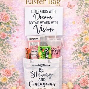Teen Easter Bag Be Strong and Courageous White Canvas Tote Bag with Pink Accents